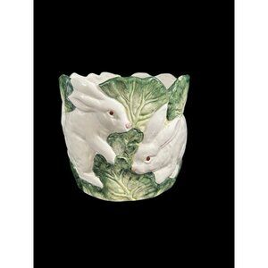 Vtg Bisque White Bunny Rabbit Cabbage Scallop Cachepot Planter 6.5” Ceramic 3D